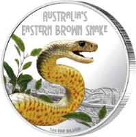 reverse of 1 Dollar - Elizabeth II - Deadly and Dangerous: Eastern Brown Snake (2010) coin with KM# 134 from Tuvalu. Inscription: Australia's Eastern Brown Snake 1 oz 999 SILVER
