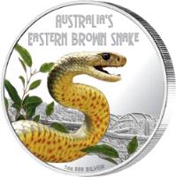 Tuvalu coin 1 Dollar - Elizabeth II - Deadly and Dangerous: Eastern Brown Snake (2010) reverse reverse of 1 Dollar - Elizabeth II - Deadly and Dangerous: Eastern Brown Snake (2010) coin with KM# 134 from Tuvalu. Inscription: Australia's Eastern Brown Snake 1 oz 999 SILVER