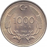 Turkey coin 1000 Lira (1990 - 1994) reverse reverse of 1000 Lira (1990 - 1994) coin with KM# 997 from Turkey. Inscription: 1000 LIRA 1991