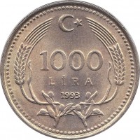 reverse of 1000 Lira (1990 - 1994) coin with KM# 997 from Turkey. Inscription: 1000 LIRA 1991