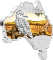 Australia coin 1 Dollar - Elizabeth II - Australian Map Shaped Coin: Kookaburra (2012) reverse reverse of 1 Dollar - Elizabeth II - Australian Map Shaped Coin: Kookaburra (2012) coin from Australia. Inscription: KOOKABURRA 1 OZ 999 SILVER P 2012