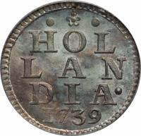 Dutch Republic coin 1 Duit (1702 - 1768) reverse reverse of 1 Duit (1702 - 1768) coin with KM# 80a from Dutch Republic. Inscription: · * · HOL LAN DIA · 1792