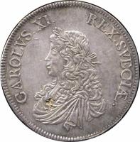 obverse of 8 Mark - Karl XI (1667) coin with KM# 258 from Sweden. Inscription: CAROLVS · XI · REX · SVECIÆ ·