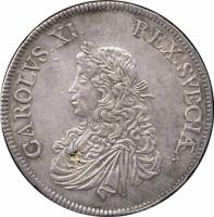 Sweden coin 8 Mark - Karl XI (1667) obverse obverse of 8 Mark - Karl XI (1667) coin with KM# 258 from Sweden. Inscription: CAROLVS · XI · REX · SVECIÆ ·