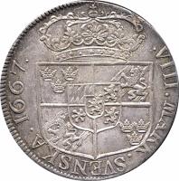 reverse of 8 Mark - Karl XI (1667) coin with KM# 258 from Sweden. Inscription: · VIII · MARK SVENSKA · 1667