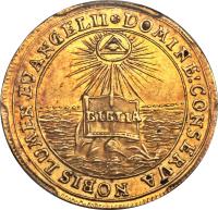 German States coin 1 Dukat - Bicentennial of the Reformation (1717) reverse reverse of 1 Dukat - Bicentennial of the Reformation (1717) coin with KM# 184 from German States. Inscription: DOMINE:CONSERVA NOBIS LUMEN EVANGEL II * BIBLIA
