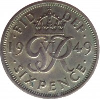 reverse of 6 Pence - George VI - Without IND:IMP (1949 - 1952) coin with KM# 875 from United Kingdom. Inscription: · FID DEF · 19 G VI R 49 · SIX PENCE ·