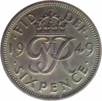United Kingdom coin 6 Pence - George VI - Without IND:IMP (1949 - 1952) reverse reverse of 6 Pence - George VI - Without IND:IMP (1949 - 1952) coin with KM# 875 from United Kingdom. Inscription: · FID DEF · 19 G VI R 49 · SIX PENCE ·