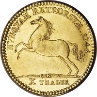reverse of 10 Taler - Karl I (1742 - 1764) coin with KM# 917 from German States. Inscription: NVNQVAM RETRORSVM.1746 EK X THALER