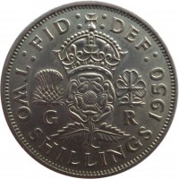 United Kingdom coin 2 Shillings - George VI - Without IND:IMP (1949 - 1951) reverse reverse of 2 Shillings - George VI - Without IND:IMP (1949 - 1951) coin with KM# 878 from United Kingdom. Inscription: :FID: :DEF: G R TWO SHILLINGS 1950