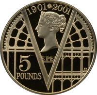 United Kingdom coin 5 Pounds - Elizabeth II - 100th Anniversary of the death of Queen Victoria (2001) reverse reverse of 5 Pounds - Elizabeth II - 100th Anniversary of the death of Queen Victoria (2001) coin with KM# 1015b from United Kingdom. Inscription: 1901 2001 E PE 5 POUNDS