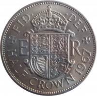 reverse of 1/2 Crown - Elizabeth II - Without BRITT:OMN; 1'st Portrait (1954 - 1970) coin with KM# 907 from United Kingdom. Inscription: + FID · · DEF + E R E · F C · T HALF CROWN 1963