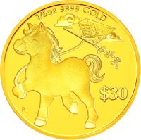 Tuvalu coin 30 Dollars - Elizabeth II - Year of the Horse: Prosperity (2014) reverse reverse of 30 Dollars - Elizabeth II - Year of the Horse: Prosperity (2014) coin from Tuvalu. Inscription: 1/5 oz 9999 GOLD $30 P