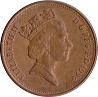 obverse of 2 Pence - Elizabeth II - Non magnetic; 3'rd Portrait (1985 - 1992) coin with KM# 936 from United Kingdom. Inscription: ELIZABETH II D · G · REG · F · D · 1990 RDM