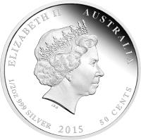 obverse of 50 Cents - Elizabeth II - Lunar Year: Year of the Goat - 4'th Portrait (2015) coin from Australia. Inscription: ELIZABETH II AUSTRALIA 1/2 oz 999 SILVER 2015 50 CENTS