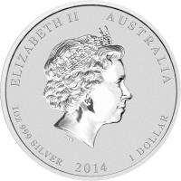 Australia coin 1 Dollar - Elizabeth II - Lunar Year: Year of Horse - 4'th Portrait (2014) obverse obverse of 1 Dollar - Elizabeth II - Lunar Year: Year of Horse - 4'th Portrait (2014) coin from Australia. Inscription: ELIZABETH II AUSTRALIA 1 oz 999 SILVER 2014 1 DOLLAR