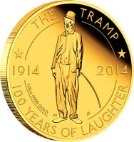 reverse of 25 Dollars - Elizabeth II - 100th Anniversary of the Career of Charlie Chaplin (2014) coin with KM# 257 from Tuvalu. Inscription: THE TRAMP 1914 2014 100 YEARS OF LAUGHTER