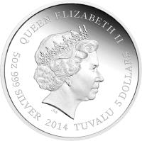 Tuvalu coin 5 Dollars - Elizabeth II - 450th Anniversary of the Birth of William Shakespeare (2014) obverse obverse of 5 Dollars - Elizabeth II - 450th Anniversary of the Birth of William Shakespeare (2014) coin with KM# 266 from Tuvalu. Inscription: QUEEN ELIZABETH II 5oz 999 SILVER 2014 TUVALU 5 DOLLARS