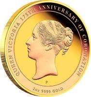reverse of 200 Dollars - Elizabeth II - Queen Victoria 175th Anniversary of Coronation - 4'th Portrait (2013) coin with KM# 1931 from Australia. Inscription: QUEEN VICTORIA 175TH ANNIVERSARY OF CORONATION P 2 oz 9999 GOLD
