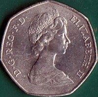 obverse of 50 Pence - Elizabeth II - Entry of the U.K. into the European Economic Community - 2'nd Portrait (1973) coin with KM# 918 from United Kingdom. Inscription: D.G.REG.F.D. ELIZABETH II