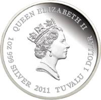 obverse of 1 Dollar - Elizabeth II - Endangered and Extinct: Tasmanian Tiger (2011) coin with KM# 163 from Tuvalu. Inscription: QUEEN ELIZABETH II 1 OZ 999 SILVER 2011 TUVALU 1 DOLLAR