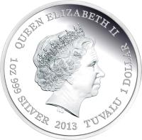 obverse of 1 Dollar - Elizabeth II - Endangered and Extinct: Tasmanian Devil (2013) coin from Tuvalu. Inscription: QUEEN ELIZABETH II 1oz 999 SILVER 2013 TUVALU 1 DOLLAR