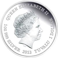 Tuvalu coin 1 Dollar - Elizabeth II - Endangered and Extinct: Tasmanian Devil (2013) obverse obverse of 1 Dollar - Elizabeth II - Endangered and Extinct: Tasmanian Devil (2013) coin from Tuvalu. Inscription: QUEEN ELIZABETH II 1oz 999 SILVER 2013 TUVALU 1 DOLLAR