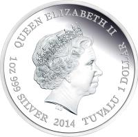 obverse of 1 Dollar - Elizabeth II - Endangered and Extinct: Green Turtle (2014) coin with KM# 258 from Tuvalu. Inscription: QUEEN ELIZABETH II 1oz 999 SILVER 2014 TUVALU 1 DOLLAR