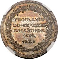 Mexico coin 2 Reales - Carlos IV - Carlos IV Proclamation (1789) reverse reverse of 2 Reales - Carlos IV - Carlos IV Proclamation (1789) coin with KM# Q25 from Mexico. Inscription: PROCLAMA- DO*EN*MEXI- CO*AÑO*DE- 1789- *2R*