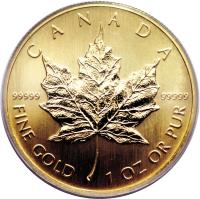 Canada coin 50 Dollars - Elizabeth II (2005) reverse reverse of 50 Dollars - Elizabeth II (2005) coin from Canada. Inscription: CANADA 99999 99999 FINE GOLD 1 OZ OR PUR