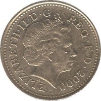 obverse of 10 Pence - Elizabeth II - 4'th Portrait (1998 - 2008) coin with KM# 989 from United Kingdom. Inscription: ELIZABETH · II · D · G REG · F · D · 2000 IRB