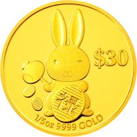Tuvalu coin 30 Dollars - Elizabeth II - Year of the Rabbit: Success (2011) reverse reverse of 30 Dollars - Elizabeth II - Year of the Rabbit: Success (2011) coin from Tuvalu. Inscription: $30 1/5oz 9999 GOLD