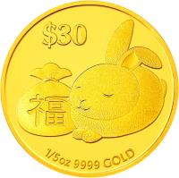 reverse of 30 Dollars - Elizabeth II - Year of the Rabbit: Prosperity (2011) coin from Tuvalu. Inscription: $30 1/5oz 9999 GOLD