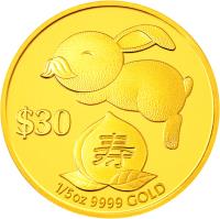 reverse of 30 Dollars - Elizabeth II - Year of the Rabbit: Longevity (2011) coin from Tuvalu. Inscription: $30 1/5oz 9999 GOLD