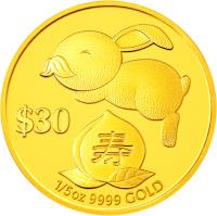 Tuvalu coin 30 Dollars - Elizabeth II - Year of the Rabbit: Longevity (2011) reverse reverse of 30 Dollars - Elizabeth II - Year of the Rabbit: Longevity (2011) coin from Tuvalu. Inscription: $30 1/5oz 9999 GOLD