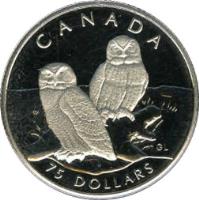 Canada coin 75 Dollars - Elizabeth II - Canadian Wildlife: Snowy Owl (1991) reverse reverse of 75 Dollars - Elizabeth II - Canadian Wildlife: Snowy Owl (1991) coin with KM# 199 from Canada. Inscription: CANADA 75 DOLLARS