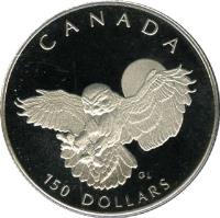Canada coin 150 Dollars - Elizabeth II - Canadian Wildlife: Snowy Owl (1991) reverse reverse of 150 Dollars - Elizabeth II - Canadian Wildlife: Snowy Owl (1991) coin with KM# 200 from Canada. Inscription: CANADA 150 DOLLARS