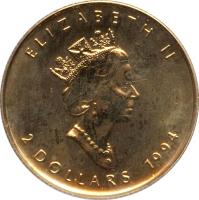 obverse of 2 Dollars - Elizabeth II - 3'rd Portrait (1994) coin with KM# 256 from Canada. Inscription: ELIZABETH II 2 DOLLARS 1994
