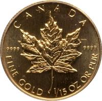 reverse of 2 Dollars - Elizabeth II - 3'rd Portrait (1994) coin with KM# 256 from Canada. Inscription: CANADA 9999 9999 FINE GOLD 1/15 OZ OR PUR