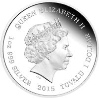 obverse of 1 Dollar - Elizabeth II - Year of the Goat: Wisdom (2015) coin from Tuvalu. Inscription: QUEEN ELIZABETH II 1oz 999 SILVER 2015 TUVALU 1 DOLLAR