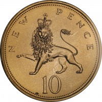 United Kingdom coin 10 New Pence - Elizabeth II - 2'nd Portrait (1968 - 1981) reverse reverse of 10 New Pence - Elizabeth II - 2'nd Portrait (1968 - 1981) coin with KM# 912 from United Kingdom. Inscription: NEW PENCE 10