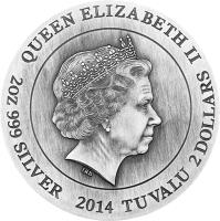 Tuvalu coin 2 Dollars - Elizabeth II - Gods of Olympus: Zeus (2014) obverse obverse of 2 Dollars - Elizabeth II - Gods of Olympus: Zeus (2014) coin with KM# 263 from Tuvalu. Inscription: QUEEN ELIZABETH II 2oz 999 SILVER 2014 TUVALU 2 DOLLARS