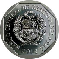 obverse of 1 Nuevo Sol - Wealth and Pride of Peru: Catedral de Lima (2014) coin with KM# 384 from Peru. Inscription: BANCO CENTRAL DE RESERVA DEL PERÚ 2014