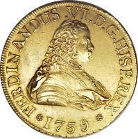 obverse of 8 Escudos - Fernando VI (1758 - 1759) coin with KM# 12 from Chile. Inscription: FERDINANDUS.VI.D.G.HISP.REX · 1759 ·