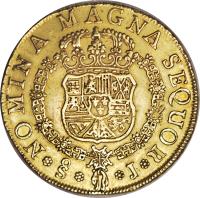 Chile coin 8 Escudos - Fernando VI (1758 - 1759) reverse reverse of 8 Escudos - Fernando VI (1758 - 1759) coin with KM# 12 from Chile. Inscription: NOMINA MAGNA SEQUOR