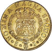 reverse of 8 Escudos - Fernando VI (1758 - 1759) coin with KM# 12 from Chile. Inscription: NOMINA MAGNA SEQUOR