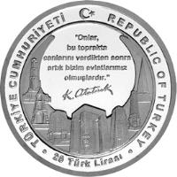 reverse of 20 Türk Lirası - 100 years Battle of Gallipoli (2015) coin from Turkey. Inscription: TÜRKİYE CUMHURİYETİ REPUBLIC OF TURKEY 