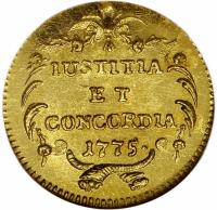 Swiss cantons coin 1 Ducat (1775) reverse reverse of 1 Ducat (1775) coin with KM# 161 from Swiss cantons. Inscription: IUSTITIA ET CONCORDIA 1775.