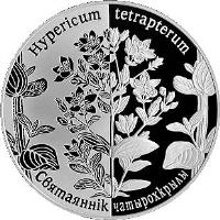 reverse of 1 Rouble - Revived Plants: Square-stemmed St. John's Wort (2014) coin with KM# A459 from Belarus. Inscription: HYPERICUM TETRAPTERUM СВЯТАЯННІК ЧАТЫРОХКРЫЛЫ