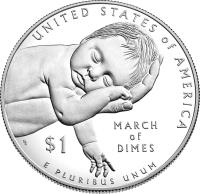 reverse of 1 Dollar - 75th Anniversary of the founding of the March of Dimes (2015) coin with KM# 604 from United States. Inscription: UNITED STATES OF AMERICA E PLURIBUS UNUM $1 MARCH OF DIMES